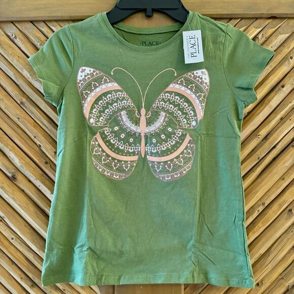 NWT The Children’s Place Girls Green Butterfly T-Shirt Size M (7/8) - Picture 1 of 5